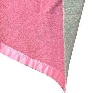 Vtg 2 Color Pink & Green Reversible Solid Wool Blanket Satin Trim 78x57 Twin Sz